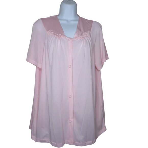 Vintage Vanity Fair Pink Nylon Short Sleeve Pajama Top Laced Trim Button Front L - Picture 6 of 8